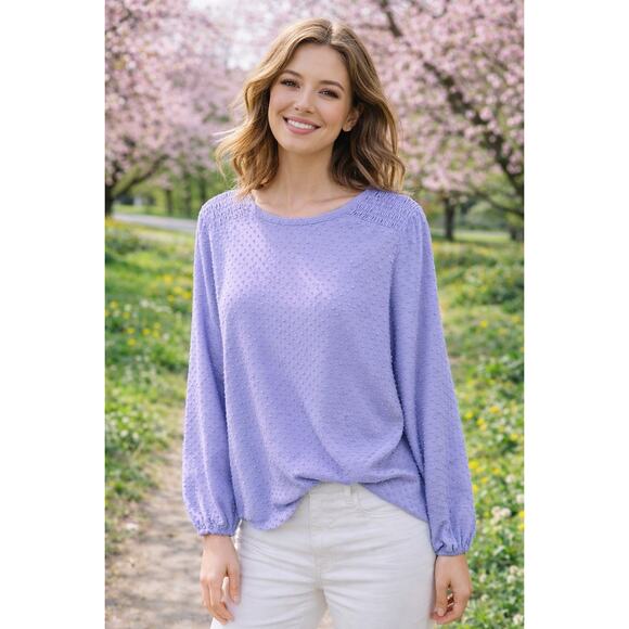 J.Crew Swiss Dot Blouse M Cottagecore Romantic Lavender Smocked Puff Sleeve Top - Picture 5 of 11